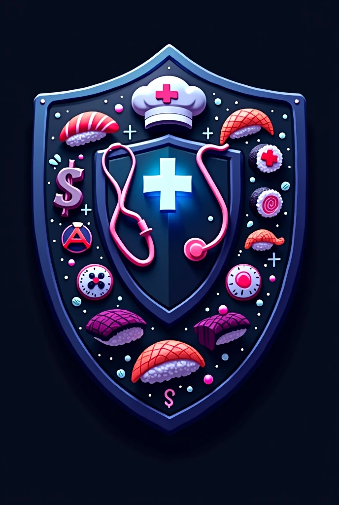 Nursing Themed Shield, cook, Crochet, money and sushi outings, with black colors, purple, blue,