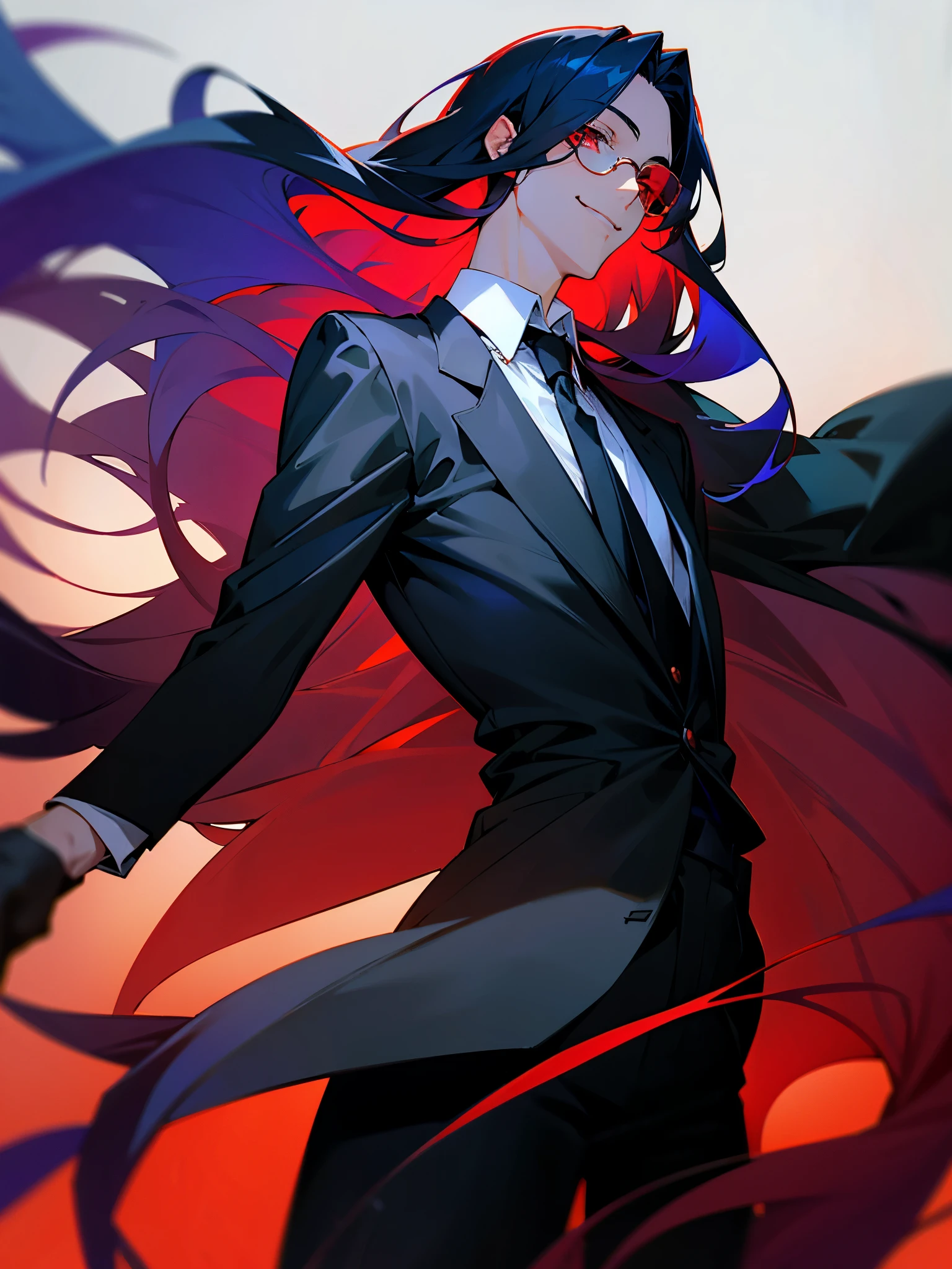 Anime boy, crimson eyes, detailed eyes, long eyelashes, dark blue hair; long flowy hair, shoulder-length hair, red sunglasses with black lenses, soft smile, smiling with teeth, black suit, white collared shirt, black tie, relaxed, gradient background