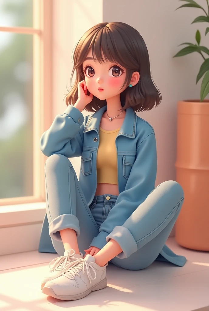 Create a 3D illustration of a casually sitting anime character for social media logo. The character should be a girl wearing casual trendy clothes like a denim jacket and sneakers. Background image on social media profile page with username "AlL Lovely of anime Original" and created profile picture.