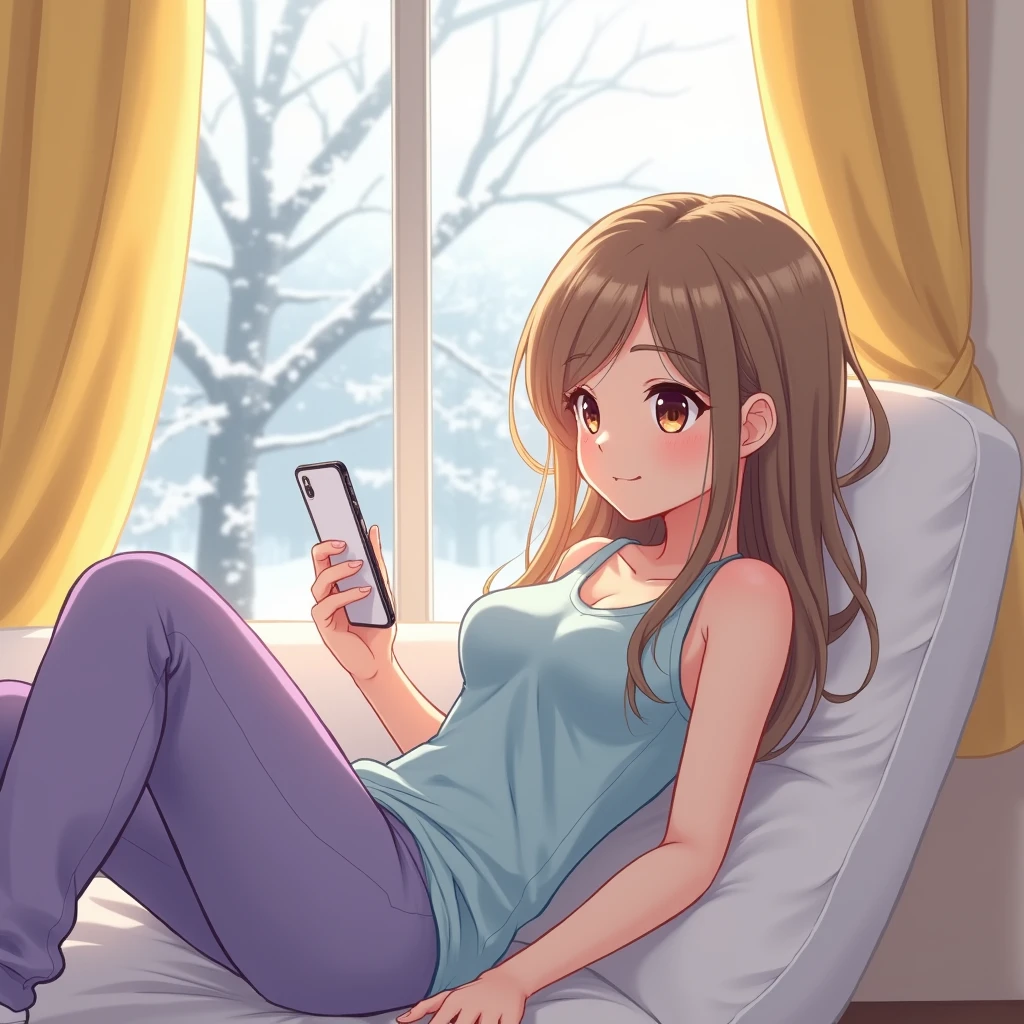 A 20 year old anime style girl, is attached, face up on the furniture, in room, White House, yellow curtains, trees covered with light snow, afternoon, Mide 173 cm, its measures: B 50, At 30, H 90, She has long light brown hair, Her eyes are amber, He has an attentive expression as he checks his white cell phone., He is wearing a light blue sleeveless shirt, purple shelter, white sports pants