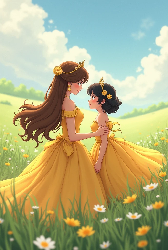 I need an image where you can see two princess sisters in the field, One sister with brown hair and a long yellow dress and the other sister with black hair and a short yellow dress