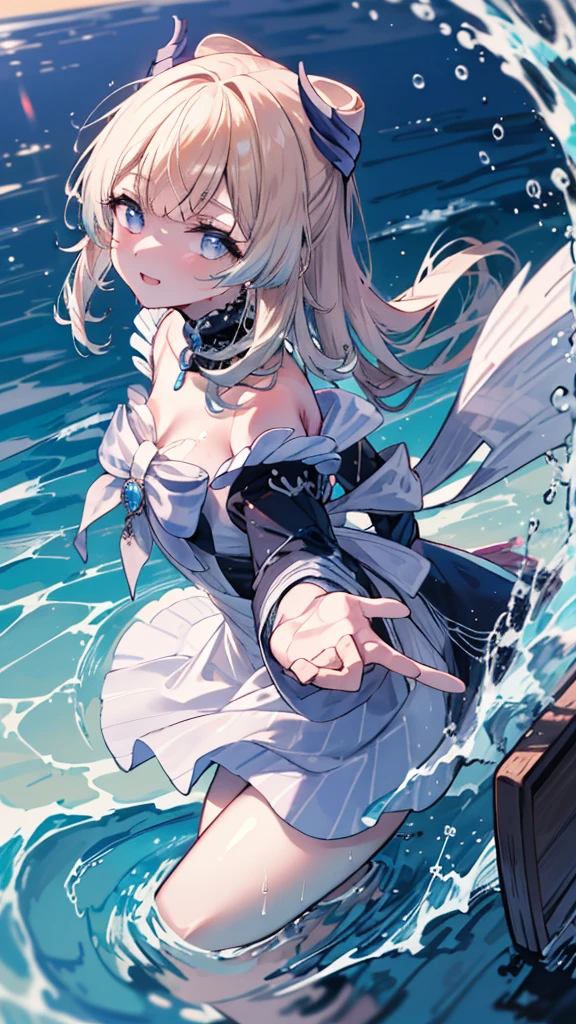 (8k, Highest quality, masterpiece: 1.2),Ultra-high resolution, 1 person, solo,Highly detailed face, Apron dress, Black Dress, White apron, black and white maid outfit, Random Hairstyles、Gay Hair, Rowboat、lake、sunlight, clavicle, Ecstatic expression,Sparkling、splash, Overall image, Flooding, Rough seas, Wet