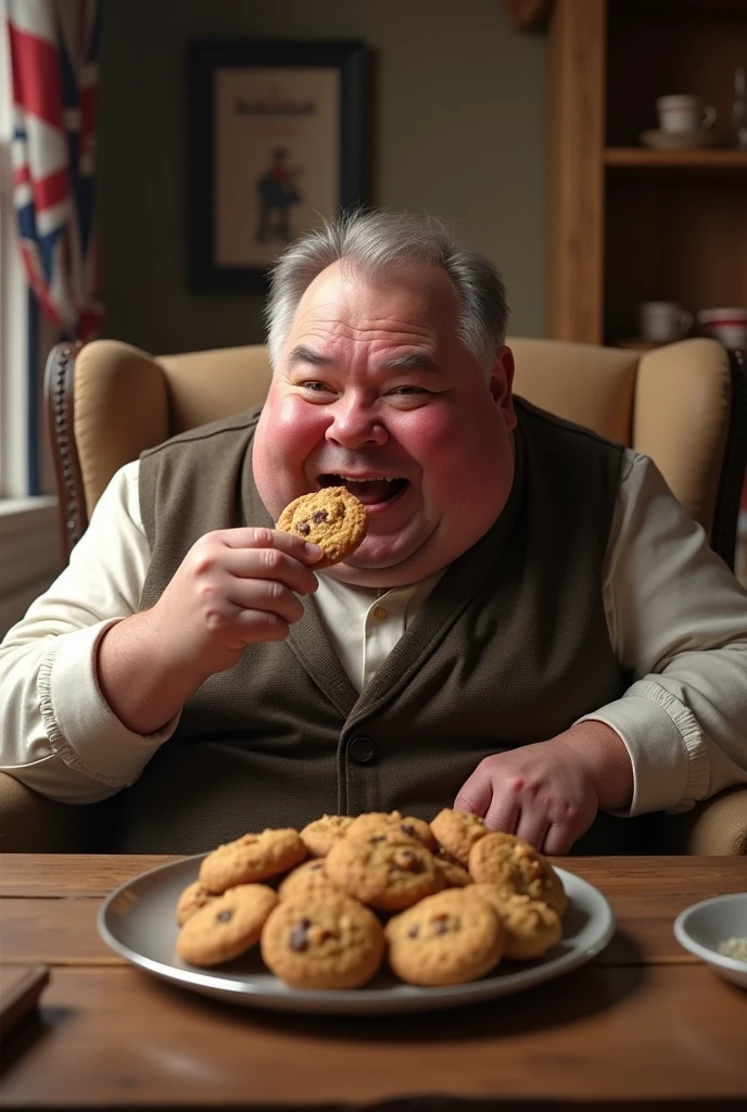 Uk hamster grande, fat man eating brown cookies 