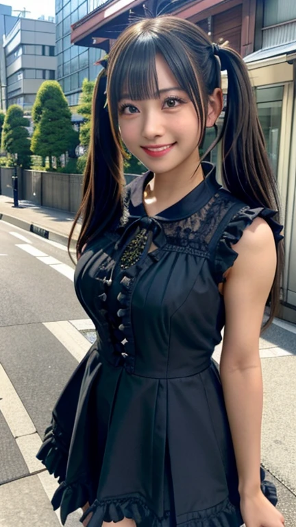 (Realistic:1.3), In detail, quality, Rembrandt Lighting, (Tabletop:1.2), (Realistic:1.2), (最高quality), (Detailed skin:1.3), (Complex詳細), dramatic, Ray Tracing, One Girl, Japanese girl, 、Big eyes、smile, Twin tails, Twin Loop Hair, Parted bangs, 2, Big ample breasts, Gothic Fashion、Short dress, Frills, race, ribbon, Complex, (in Tokyo street, Harajuku, sunny day), Browsing Caution,