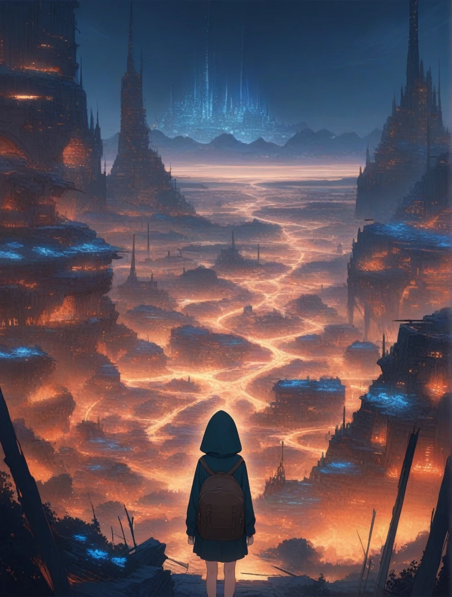 score_9, score_8_up, score_7_up, score_anime, masterpiece, best quality, delicate illustration, sharp line, sharp focus, BREAK,Traveler girl wandering in the ruins of endless night, the girl is wearing a hood, a lot of baggage in her backpack.,Night, future city, fantastic landscape, beautiful scenery, harmony with nature, spectacular view, machine city,((dark))