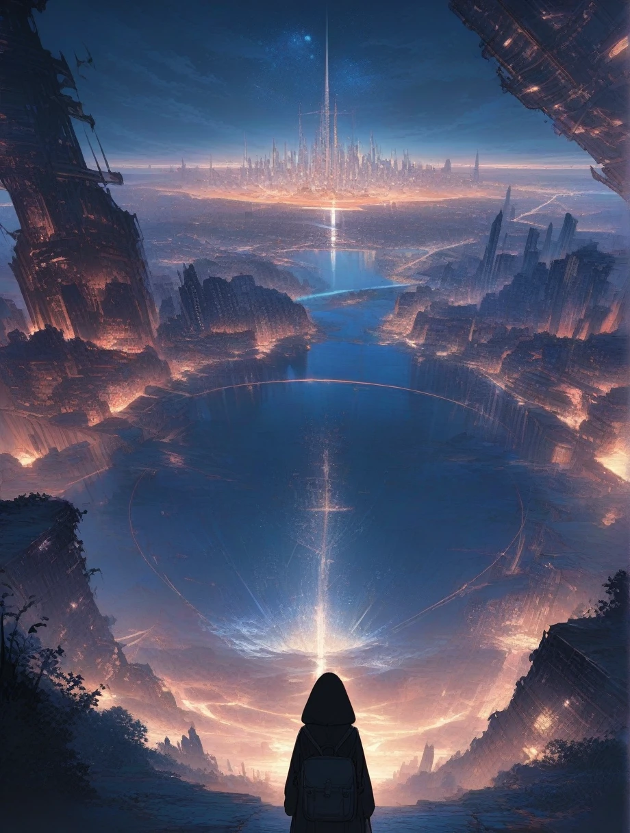 score_9, score_8_up, score_7_up, score_anime, masterpiece, best quality, delicate illustration, sharp line, sharp focus, BREAK,Traveler girl wandering in the ruins of endless night, the girl is wearing a hood, a lot of baggage in her backpack.,Night, future city, fantastic landscape, beautiful scenery, harmony with nature, spectacular view, machine city,((dark))