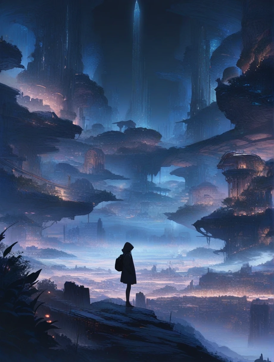 score_9, score_8_up, score_7_up, score_anime, masterpiece, best quality, delicate illustration, sharp line, sharp focus, BREAK,Traveler girl wandering in the ruins of endless night, the girl is wearing a hood, a lot of baggage in her backpack.,Night, future city, fantastic landscape, beautiful scenery, harmony with nature, spectacular view, machine city,((dark))