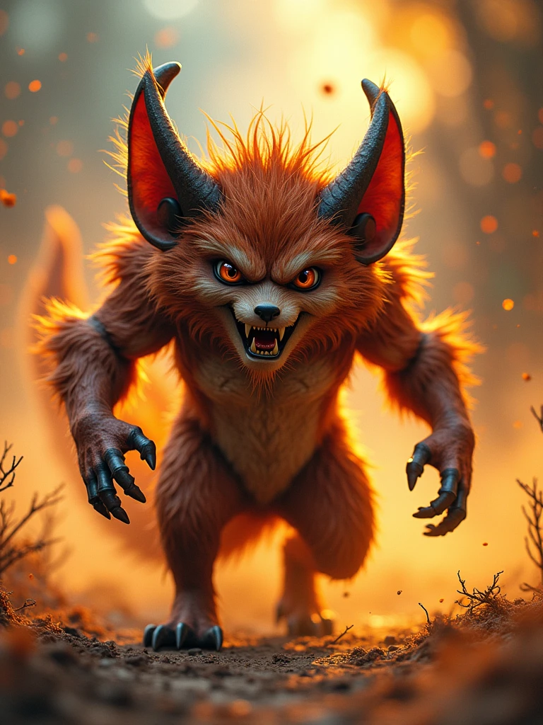 1 anthropomorphic tasmanian devil, bipedal demon-like creature, dust devil whirlwind, looney tunes cartoon character, detailed fur with horn-like spikes, hyperactive spinning ability, character portrait, digital art, highly detailed, cinematic lighting, vibrant colors, 8k, photorealistic, concept art style