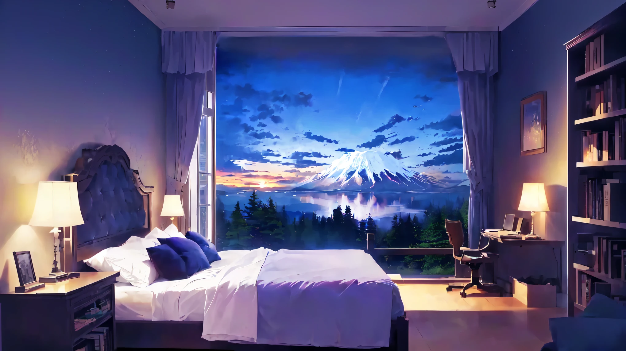 There is a bedroom with a mountain view and a bed., beautiful anime scene, beautiful anime scenery, anime beautiful peace scene, anime scenery, animated landscape wallpaper, animated background art, animated background, amazing wallpaper, Personal room background, animated landscape, anime nature wallpapers, amazing background, landscape artwork, anime scene, anime art wallpaper 4k, anime art wallpaper 4k place clouds, and sunrise sun, sunny environment, morning room