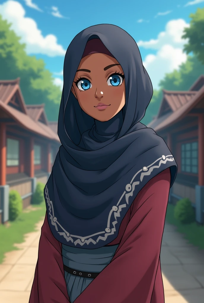 hijab arabe à Konoha dans l'univers de Naruto, il serait utile de préciser les détails le style du hijab arabe, elle doit gardé les main le long du corps en souriant legerement, sans oublier que sa peau est noir et en face de la camera avec des yeux bleu comme veux de satoru gojo et prend ton temps surtout les yeux bleu et elle a elle est metisse entre un blanc et une noir