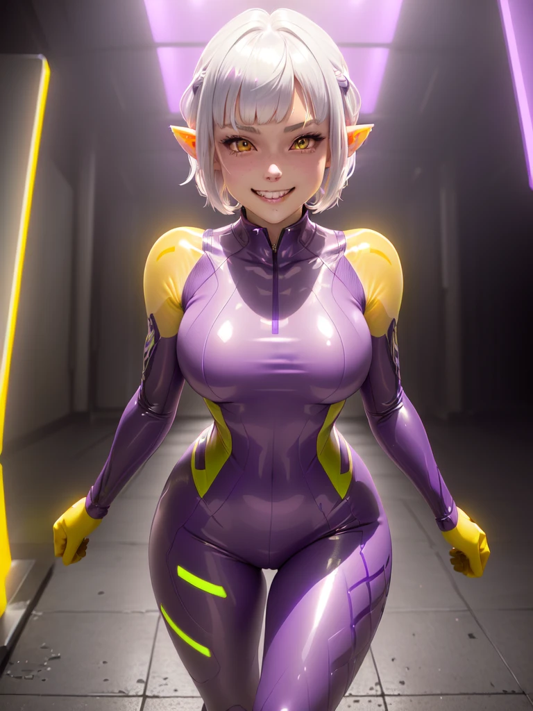 girl with soft, translucent, purple skin, wearing rubber fitness clothes, standing alone looking at the viewer and smiling, short white hair with bangs, yellow eyes, pointy ears, yaeba teeth, glowing, in a dutch angle, masterpiece, precise, anatomically correct, highly detailed, wavy hair, blush, saliva, from behind, digital illustration, anime style