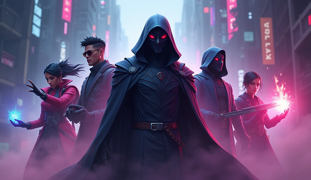 A vibrant and eye-catching thumbnail for a "Valorant" YouTube live stream, featuring popular agents from the game. At the center of the thumbnail is Omen, the mysterious and shadowy agent, with his iconic mask and dark cloak. He is surrounded by a dramatic mist, emphasizing his stealthy nature. Flanking Omen on either side are other popular Valorant agents, such as Jett with her sharp blades and wind-swept hair, Phoenix with his fiery abilities glowing in his hand, and Sage with a glowing healing orb. The background showcases a mix of futuristic cityscapes and neon-lit arenas, adding a sense of action and intensity. The "Valorant" logo is prominently displayed at the top of the thumbnail in bold, eye-catching text. The overall composition is dynamic and colorful, capturing the high-energy and tactical gameplay of Valorant, enticing viewers to join the live stream.