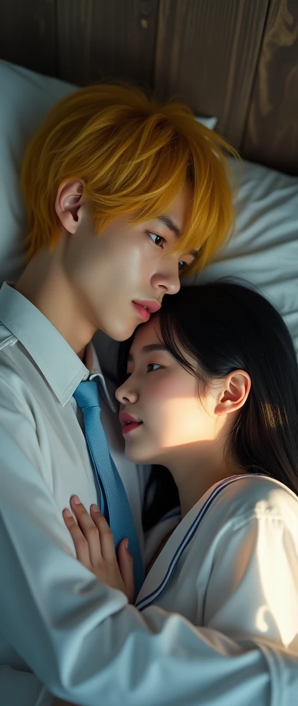 (32K:1.9, Realistic:1.9, Highest quality, masterpiece, Ultra-high resolution), Perfect dynamic composition:1.3, Highly detailed skin and facial textures:1.3, (Cute sexy slim Japanese schoolgirl, height: 155cm), (Slimman, Length 180cm), ((They are both lying in bed。, A man gives a pillow to a woman。:1.3, to kiss:1.4)), Fair skin, ((Clarity:1.1)), (This guy's uniform is amazing:1.3, Bright yellow hair, beautiful目:1.3), (The woman is wearing a uniform with a light blue tie., Straight black hair:1.3, smile:0.9, A man completely charms a woman:0.9, beautiful Blue Eyes, beautiful, Clear Eyes:0.8), Sexy Face:0.4, blush:1.1, (beautifulエロティシズムを醸し出す雰囲気:0.8, Professional random camera work, Cinematic Lighting Effects, romantic, mysterious), (Too erotic), Object of admiration, original, dramatic, artistic, Innovative, charm, Heartful, Fancy, Tilt, sense of loss, special, exciting, Extreme, sense of openness, joy, joyの表現, ((若さのcharm, 女性的なcharm))