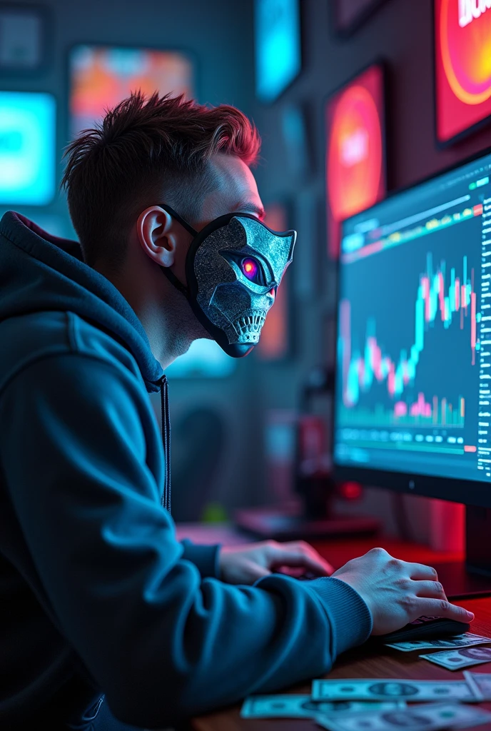 I want an image with the following characteristics,a trader with slicked back faded hair,light brown hair color,with sweatshirt outfit with mixed color details,the trader has to be looking with a fixed gaze at the PC screen but he has an iron mask with red and blue eyes ,this PC has to have lots of blue and pink and red orange lights,On the PC screen there must be a clearly visible name FT trader on the side of the table there are many dollar bills 