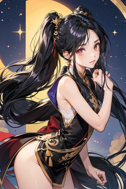 Mingzhu has long black hair. The front section of her hair is tied up into a half up half down pigtail style, with two loose tendrils. SPARKLE; GLITTER