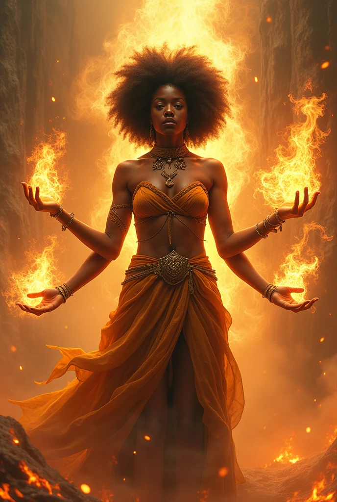 Afro woman with four arms and fire around her