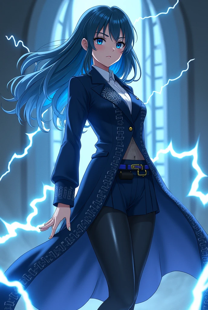Create a Jujutsu sorceress from the Gojo clan with an innate of electricity change the outfit to a uniform from the anime Jujutsu Kaisen