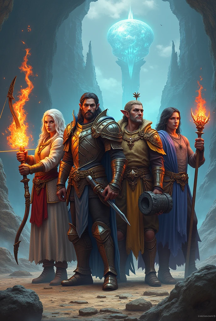 Recreate the 4 vocations of tibia the game of cipsoft paladin mage druid warrior ultrahd.
The paladin has an enchanted bow of fire,
The druid has a poison wand and healing orb, The warrior has a giant black diamond mallet, The magician has a staff used as a torch