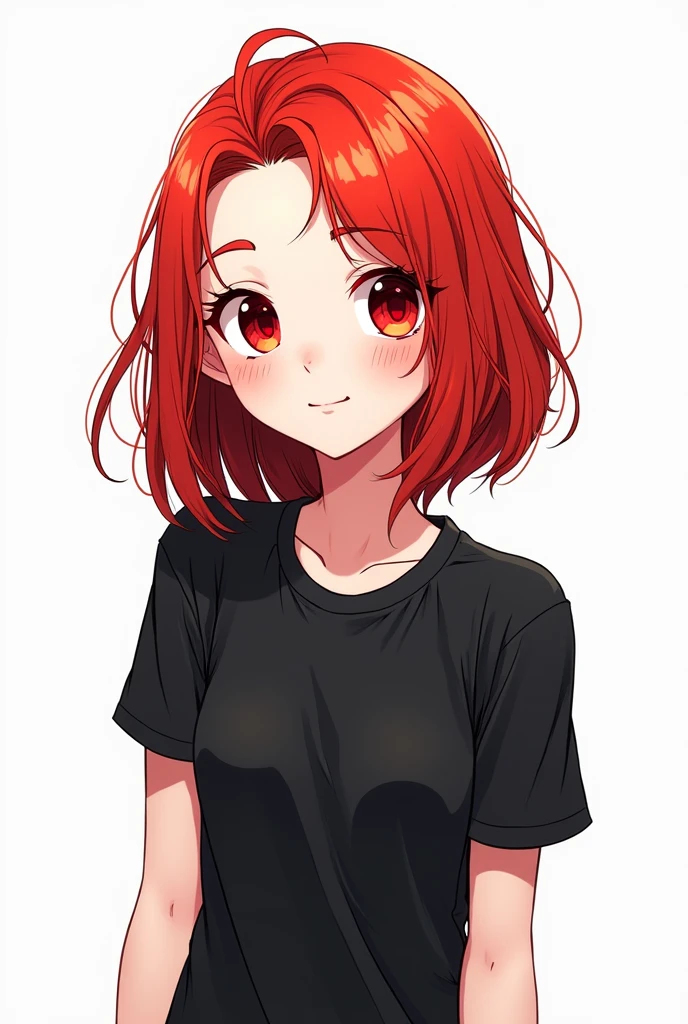 (masterpiece, Best Quality, High resolution: 1.4), detailed, intricate details, 4k, touch of color, Line art, Fibonacci. detail. adolescente slim, young girl, long red hair, Waist length hair, Red eyes, smooth skin, White skin, slim, smiling, gentle. detail vestida con playera negra larga de rock y short.