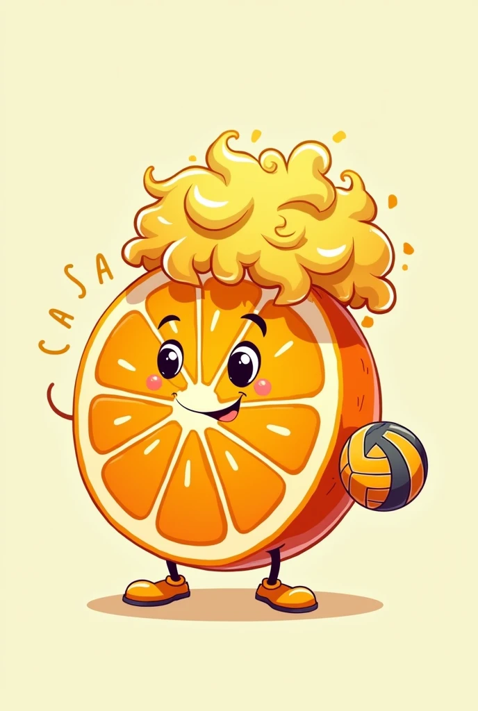 A fruit that is half an orange that has curly hair that has a title like Caesar juice for an icon with a volleyball
