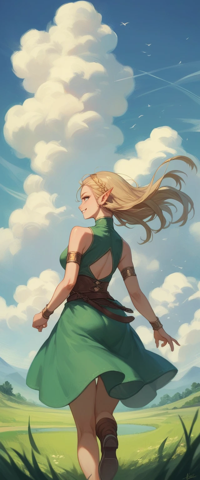 POV elf girl running looking back while smiling, with hand extended back, In the background is a green field with a blue sky and beautiful clouds