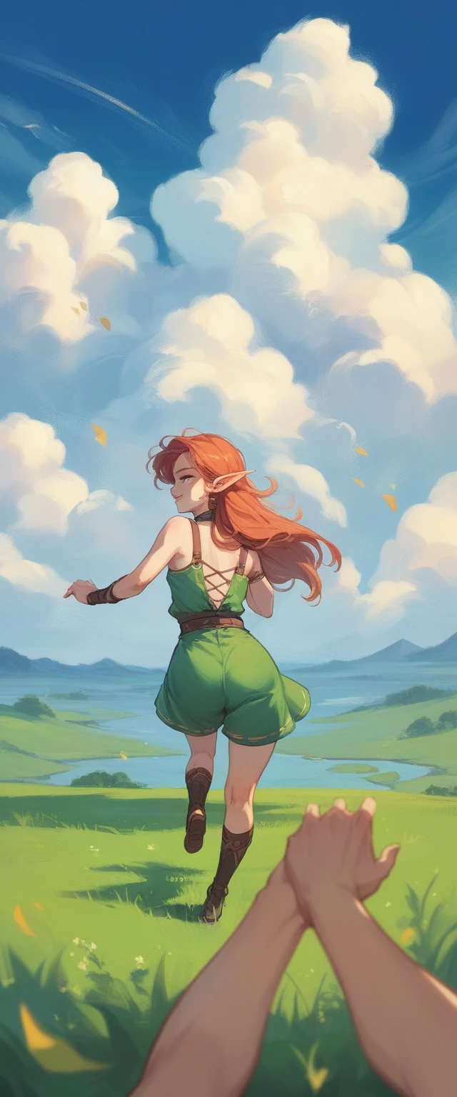POV elf girl running looking back while smiling, with hand extended back, In the background is a green field with a blue sky and beautiful clouds
