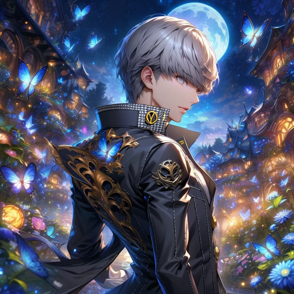 absurdres, highres, ultra detailed, HDR, masterpiece, extremely detailed, detailed eyes, Narukami Yu, gray hair, expressive gray eyes, persona 4, solo, sexy man, handsome, sensual, adult face, black coat, white shirt, fantasy, garden, blue shining moon, blue glittering butterflies, magical, fantasy, blue chrysanthemum, blue fireflies, water