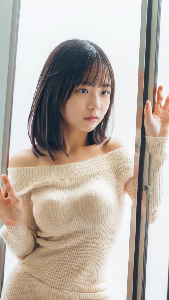 (Ultra-high resolutiIn addition,masterpiece, AttentiIn addition to detail, Highest quality), 8k,(Noel, short hair, French Braid, hair ribbIn addition, （Indoors）collarbIn additione, chestの谷間, Off-the-shoulder sweater, White sweater, Check skirt),(Blessed,Captivating body、Ultra-detailed skin、Very beautiful eyes、Detailed Background),One Girl, (chest_In addition_Glass,Breast Press, against Glass, hands In addition Glass:1.2),Window fogging, Embarrassing, (White Background:1.7), (from frIn additiont:1.3),Five perfect fingers、Wide-angle shot, 