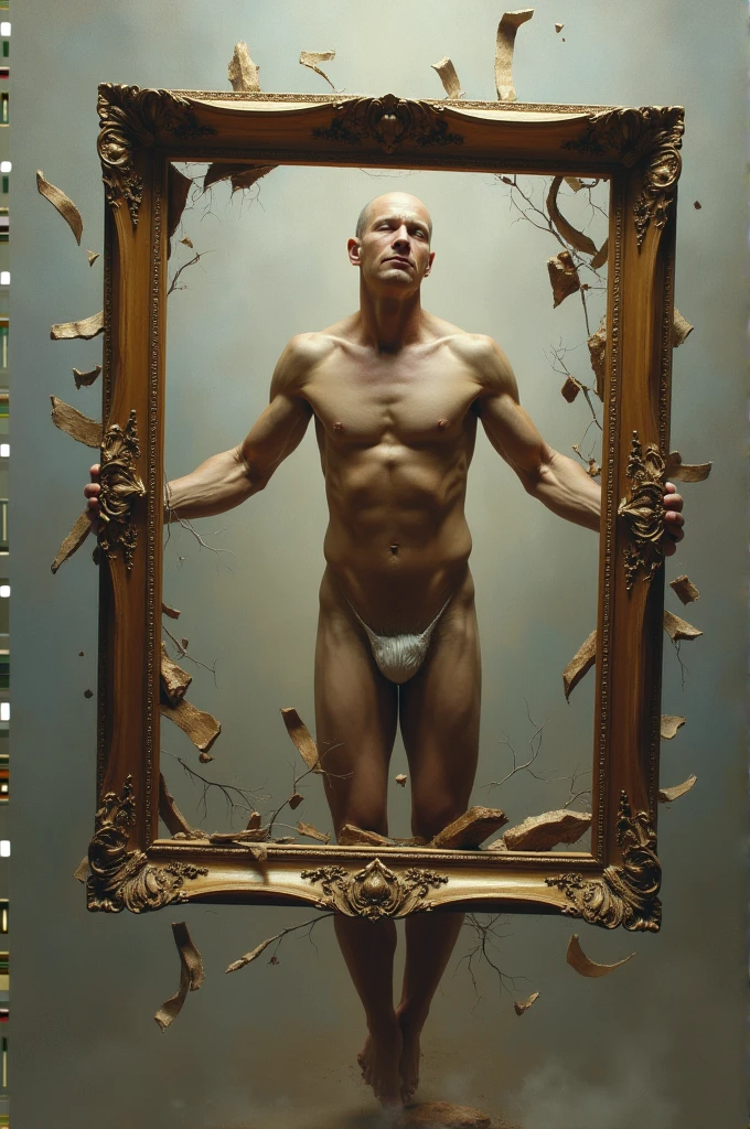 A nude faceless man breaking his picture frame where he's in