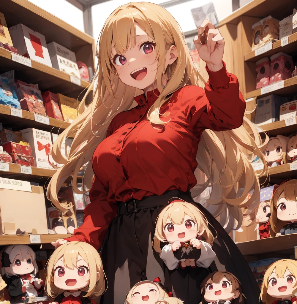 1 female, teenage girl, red long sleeve dress, blonde long hair, rosa cheeks, doll store, playing a dolls, happy face, huge breast, money, candy, open mouth, 1 boy, handsome face, facial hair, brown hair 