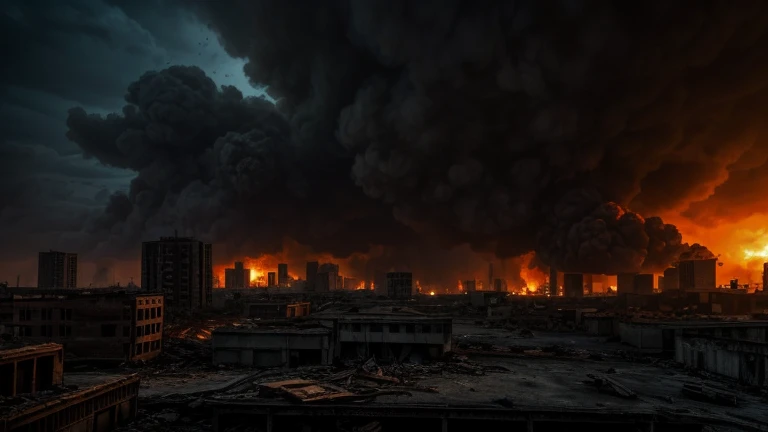 a post-apocalyptic city in flames, abandoned buildings, crumbling infrastructure, destruction, smoke and ember, orange and red tones, cinematic lighting, dark and gritty atmosphere, sense of desolation and hopelessness, (best quality,4k,8k,highres,masterpiece:1.2),ultra-detailed,(realistic,photorealistic,photo-realistic:1.37),dystopian,cinematic composition,dramatic shadows,volumetric lighting,moody colors,apocalyptic,abandoned city,urban decay,ruined architecture,smoldering debris,scorched earth,post-apocalyptic landscape