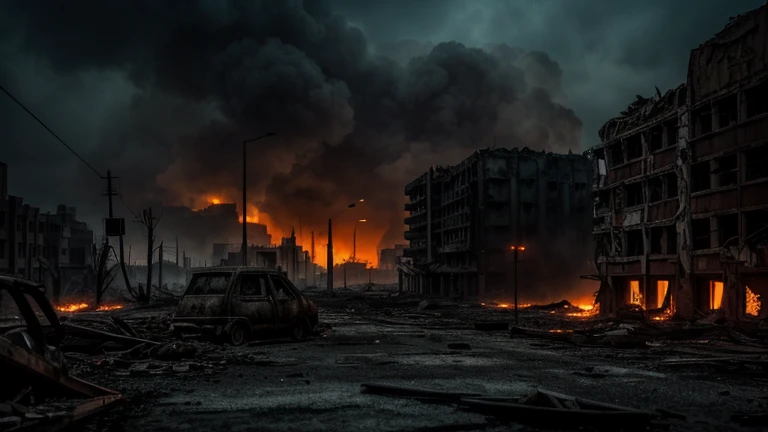 a post-apocalyptic city in flames, abandoned buildings, crumbling infrastructure, destruction, smoke and ember, orange and red tones, cinematic lighting, dark and gritty atmosphere, sense of desolation and hopelessness, (best quality,4k,8k,highres,masterpiece:1.2),ultra-detailed,(realistic,photorealistic,photo-realistic:1.37),dystopian,cinematic composition,dramatic shadows,volumetric lighting,moody colors,apocalyptic,abandoned city,urban decay,ruined architecture,smoldering debris,scorched earth,post-apocalyptic landscape