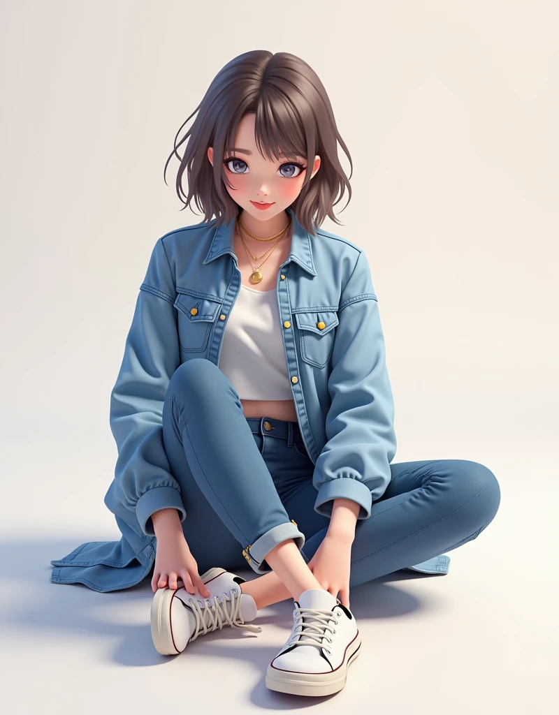 Create a 3D illustration of a casually sitting anime character for  social media logo. The character should be a  wearing casual trendy clothes like a denim jacket and sneakers. Background image on social media profile page with username "AlL Lovely of anime Original" and created profile picture.