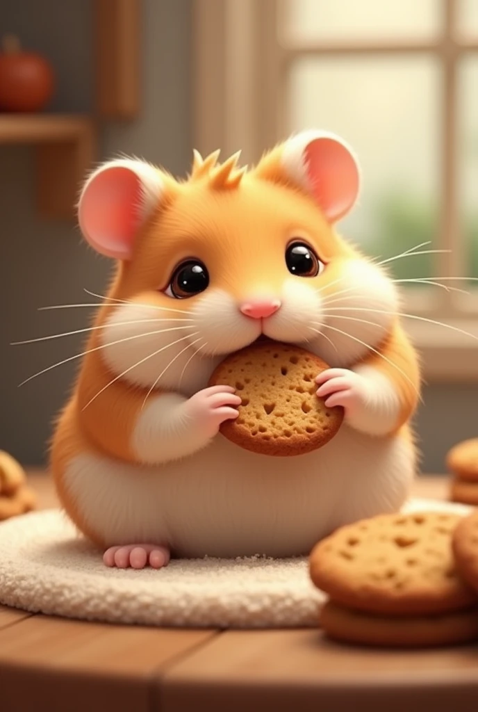 A hamster eating brown biscuits