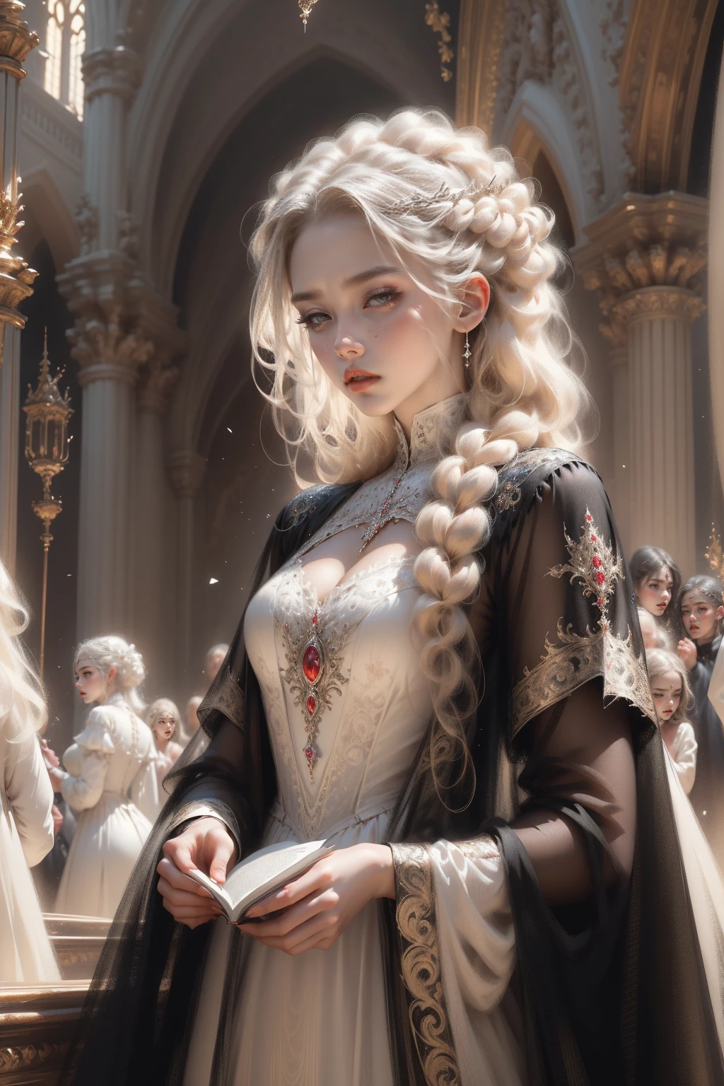 (Masterpiece - Ultra-detailed, very high resolution) Prepare to be enchanted by a true masterpiece that combines ultra-detailed art with high-resolution rendering. This work depicts a mesmerizing woman with very long blond hair (1.3) and captivating light blue eyes (1.2), emanating an aura of elegance and mystery in Victorian settings. The intricate details and realistic textures invite you to explore every aspect of this enchanting composition. Woman wearing beautiful classic Victorian costume from the year 1878. Red lips. Happy face. Smiling. white dress. Dancing lightly, upper body, dynamic poses. Get ready to dive into a world where beauty and craftsmanship merge perfectly.