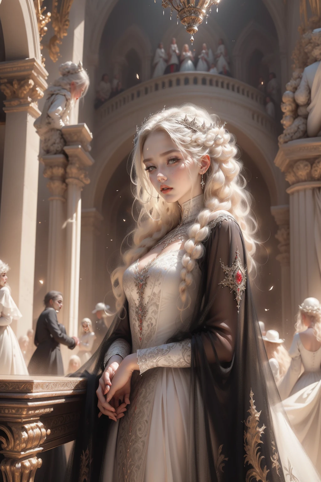(Masterpiece - Ultra-detailed, very high resolution) Prepare to be enchanted by a true masterpiece that combines ultra-detailed art with high-resolution rendering. This work depicts a mesmerizing woman with very long blond hair (1.3) and captivating light blue eyes (1.2), emanating an aura of elegance and mystery in Victorian settings. The intricate details and realistic textures invite you to explore every aspect of this enchanting composition. Woman wearing beautiful classic Victorian costume from the year 1878. Red lips. Happy face. Smiling. (white dress:1.2). writing, reading, portrait, upper body, dynamic poses. Get ready to dive into a world where beauty and craftsmanship merge perfectly.