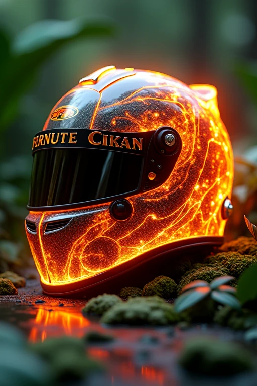 A Formula 1 helmet with the appearance of a burning charcoal ember 8k.. hyperrealistic, detailed, green background image material shine