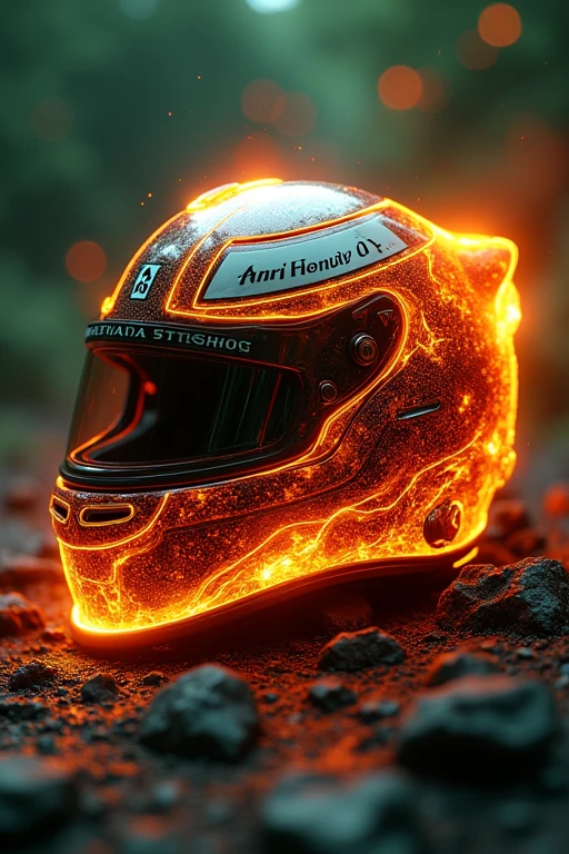A Formula 1 helmet with the appearance of a burning charcoal ember 8k.. hyperrealistic, detailed, green background image material shine 