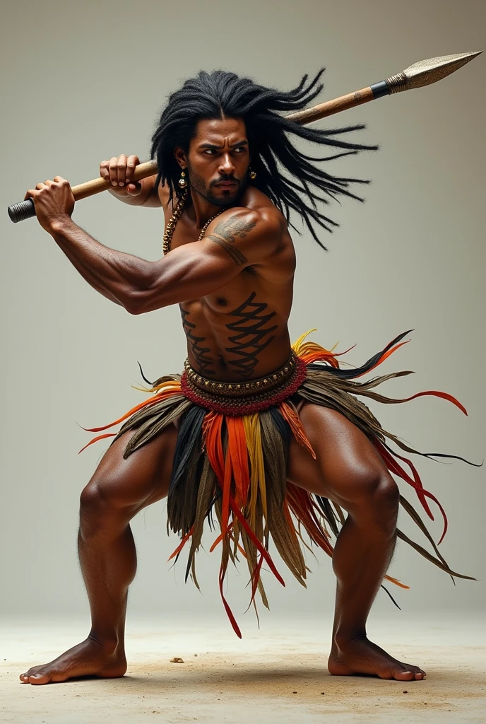 A full-body Brazilian indigenous man in a fighting stance with a spear in his left hand, black hair, no beard or mustache, body with graphics of parallel lines, lip and ear plugs, and colorful feather clothing