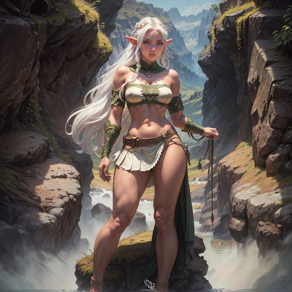 FULL BODY, perfect face, pretty face, elandrin, elf, 1girl, mountains, white hair, viking top braid, green eyes, brown leather, (skimpy low skirt), bare arms, (bare stomach),  (bare pelvis) , bare arms, short brown cloak, dark, gritty