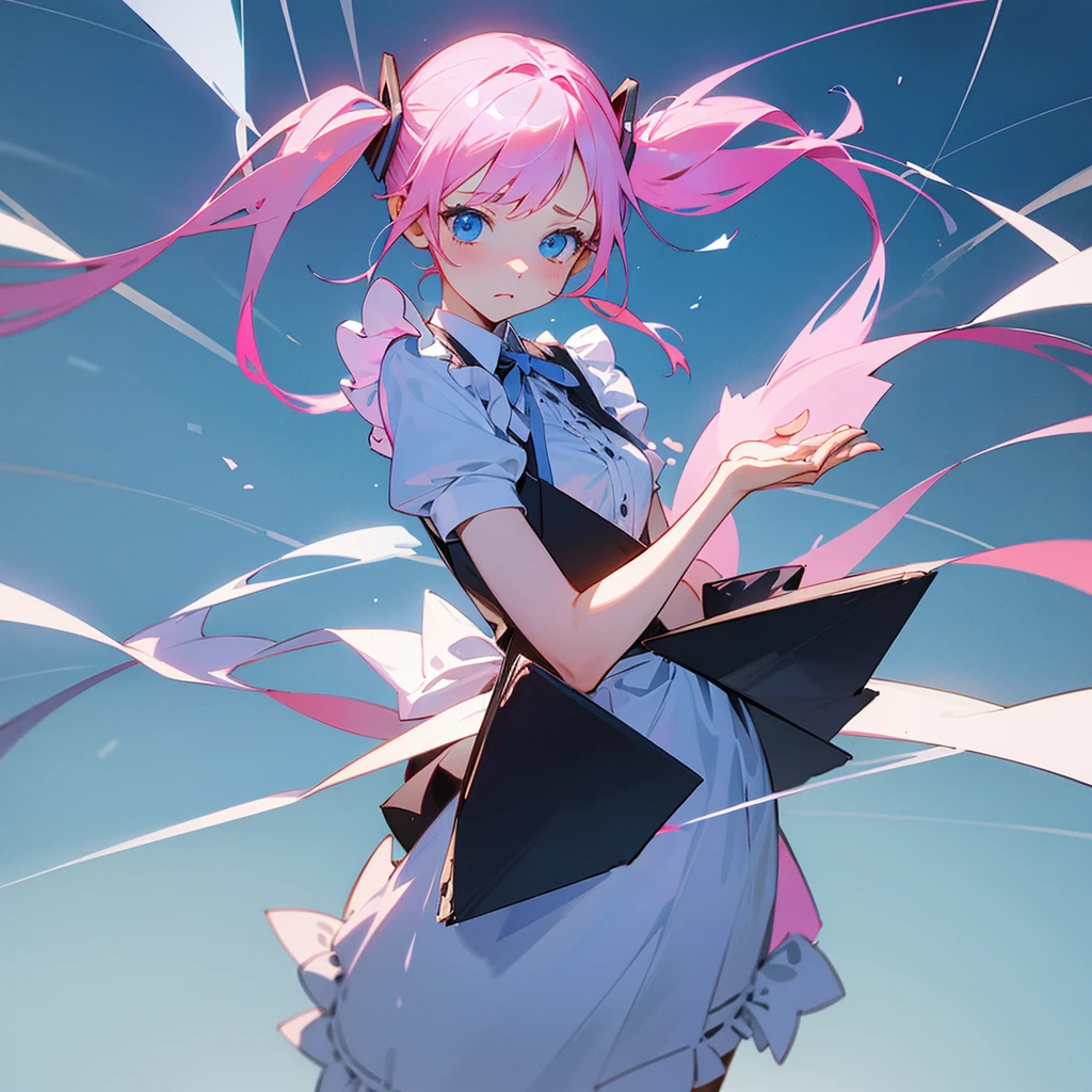 Pink hair in high twin tails with blue ribbons(Light blue in places)、An illustration of a girl dressed as a maid graduating with a sad expression