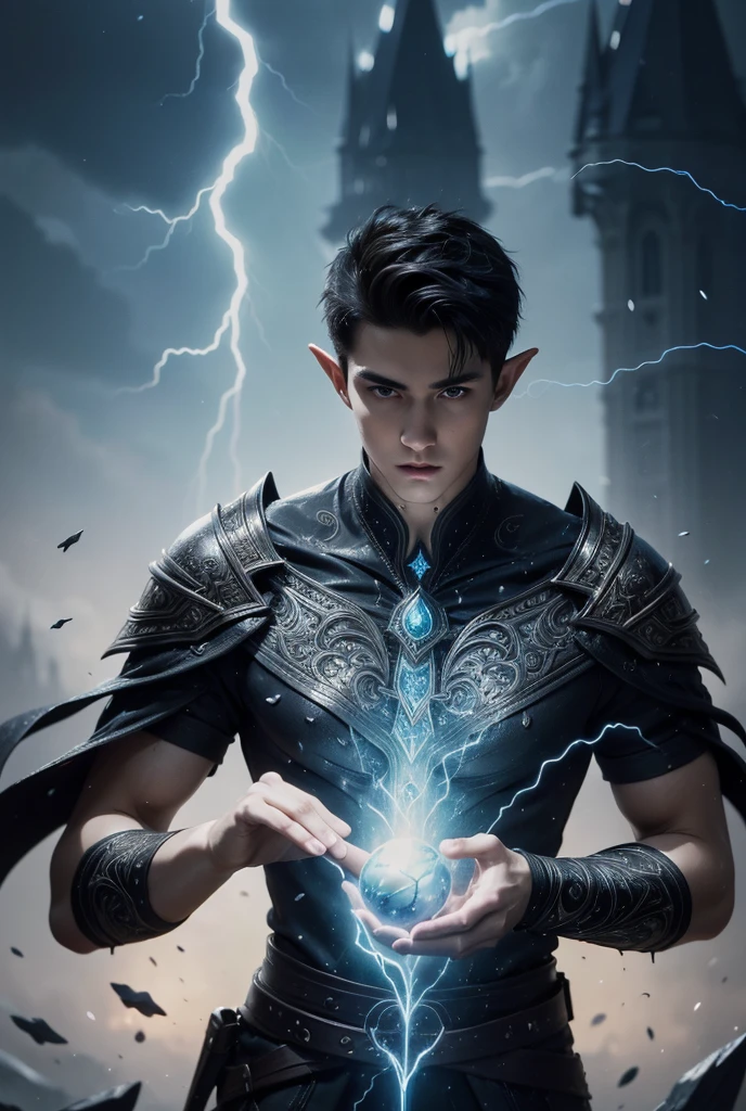 Absurdres, Masterpiece, Excellent, a tall muscular young man, solo, perfect facial features, (short hairstyle:1.5), sexy gaze, beautiful, gorgeous, wet, digital painting, (lightning wizard), slimming, elf, gray pupils, (floating ball of lightning), wizard outfit, relax, detailed background, Fantasy, Magical, Mystical, Ethereal, Unique Style, Surreal, Symbolic, magical tattoos, looking at the viewers romantically,