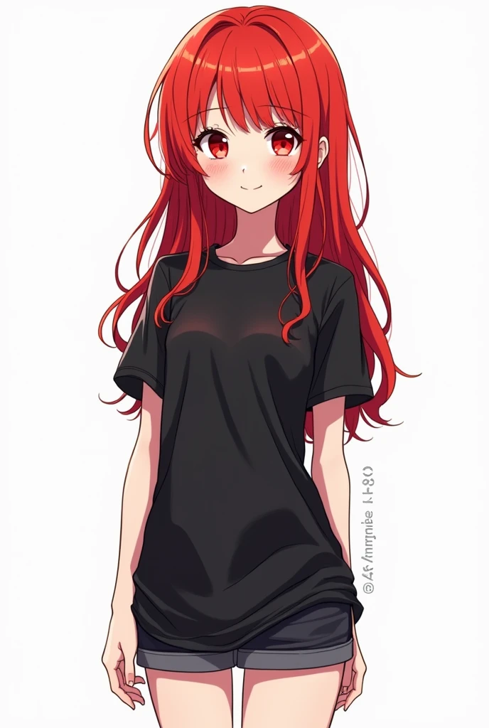 (masterpiece, Best Quality, High resolution: 1.4), detailed, intricate details, 4k, touch of color, Line art, Fibonacci. detail. adolescente slim, young girl, long red hair, Waist length hair, Red eyes, smooth skin, White skin, slim, smiling, gentle. detail vestida con playera negra larga de rock y short. 
