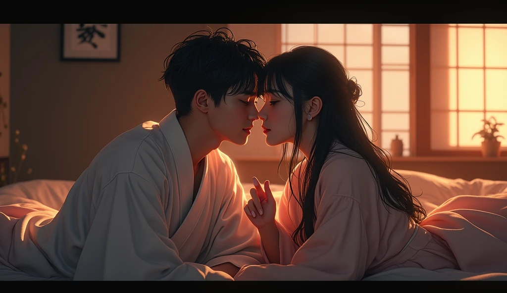 2 men 1 female Japanese bed Woman kissing man