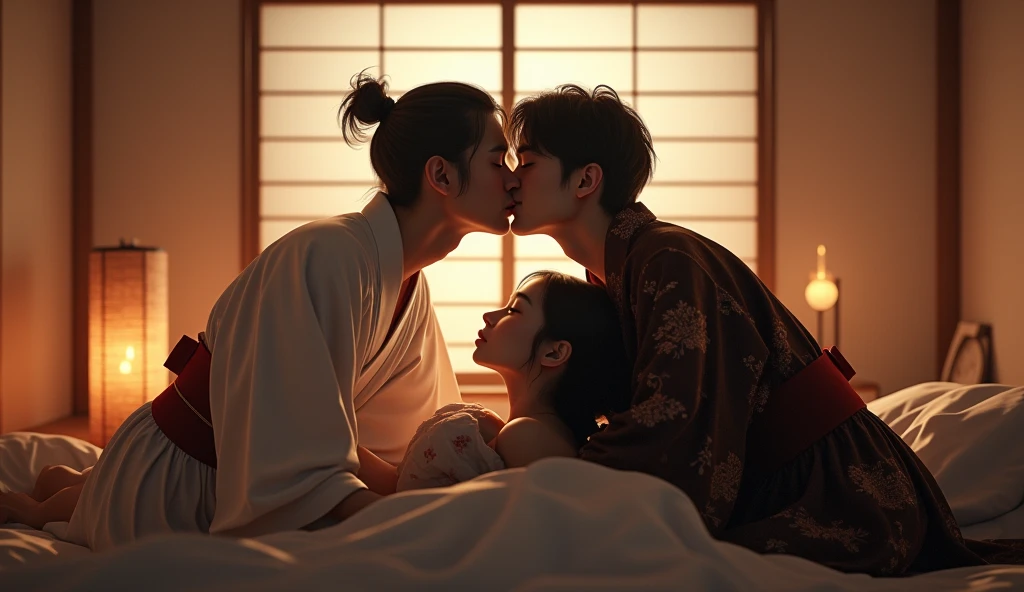 2 men　1 female　Japanese　bed　Woman kissing man