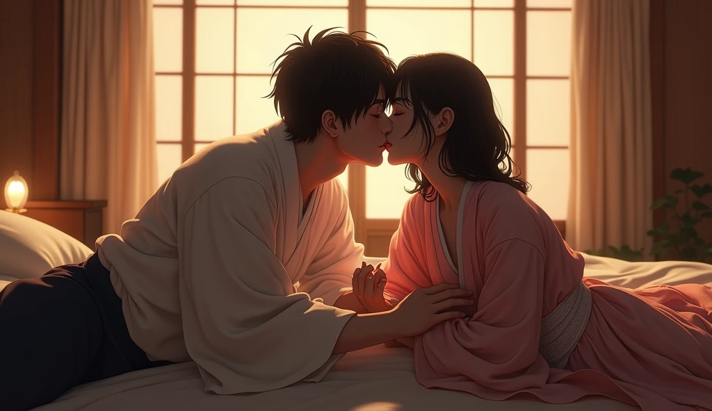 2 men　1 female　Japanese　bed　Woman kissing man