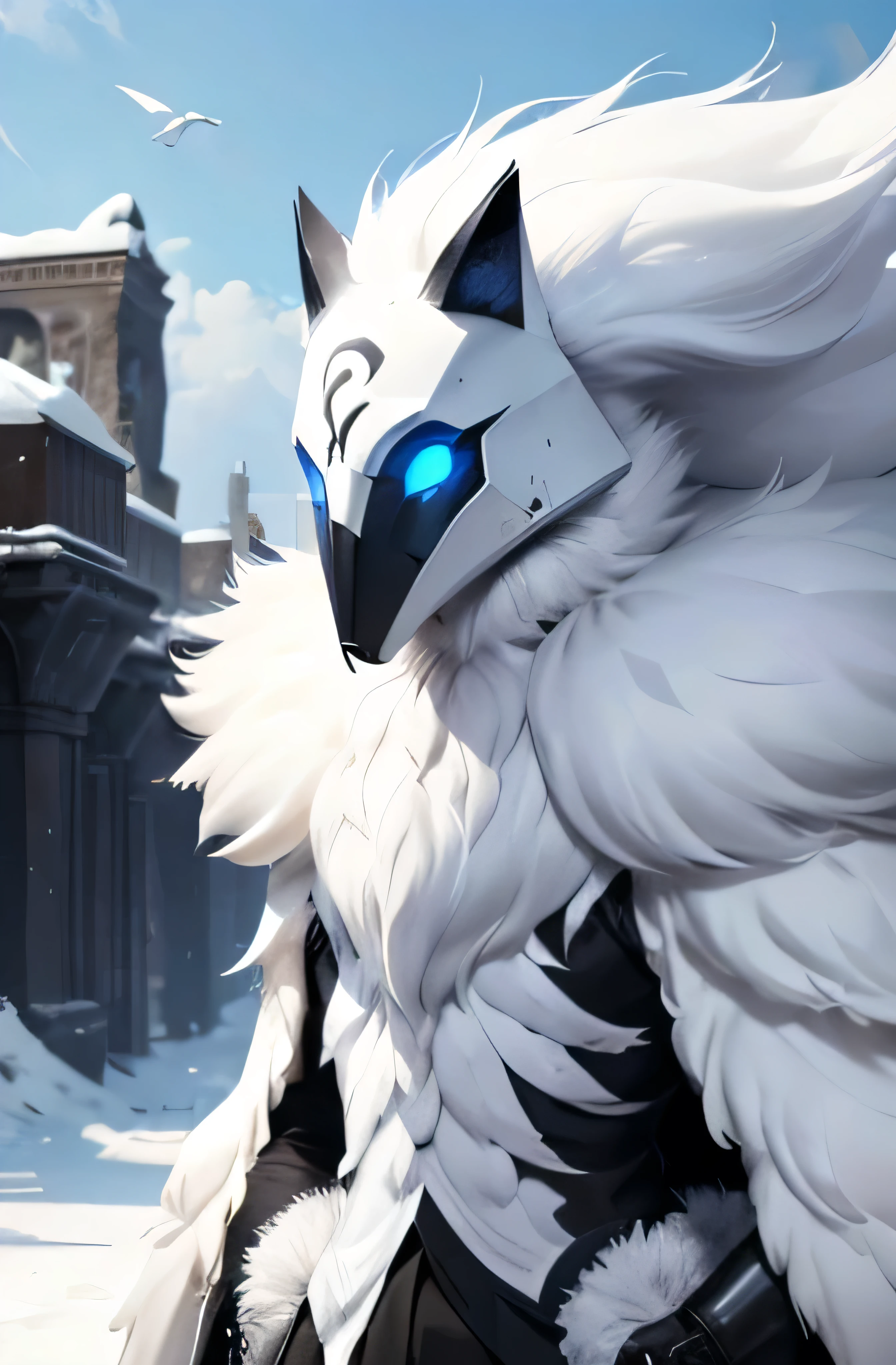 Completely white fur, many white feathers, standing, Black mask, blue eyes, whole body with white fur, fell jacke, powerfull