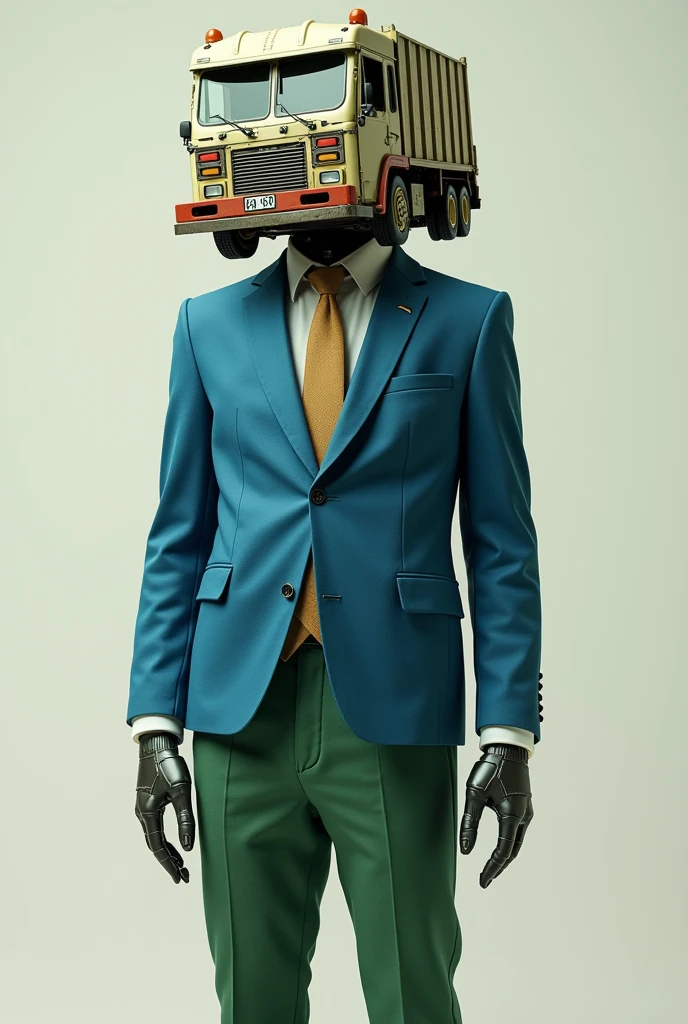 A humanoid being with the main characteristic, he has a head replaced by a garbage truck, he wears a blue suit with a blue tie and green pants
