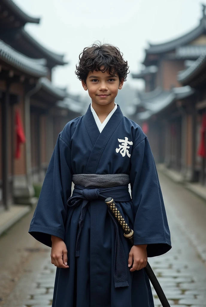 A young Calcasian boy with short curly hair on a road in feldal japan, wearing a navy blue kimono with a white S in a shield symbol on the left chest of the garment, carrying Samurai swords, with a brave expression, but nice.