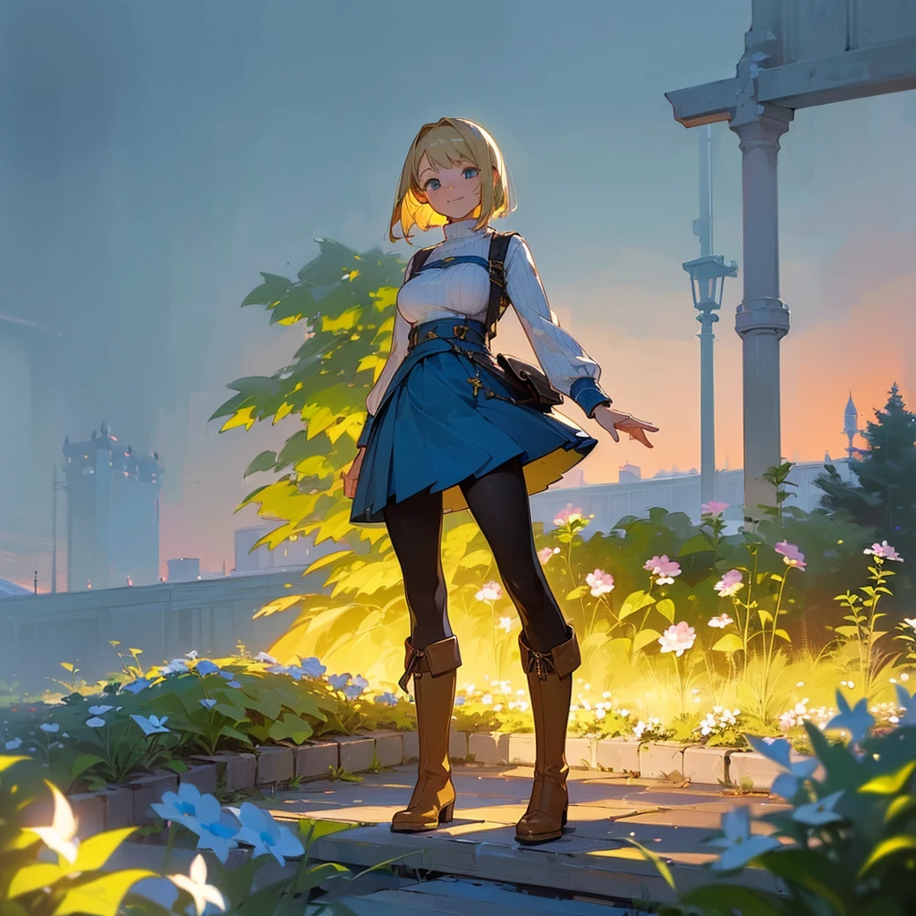 (high quality, High resolution, Very detailed, reality:1.37), Peaceful atmosphere, (Outdoor, garden), girl standing alone, (my breasts are big.), Beautiful details, Cute Smile, (Blonde Bob Hair), Ribbed sweater, Blue Skirt, Black tights, Brown boots.